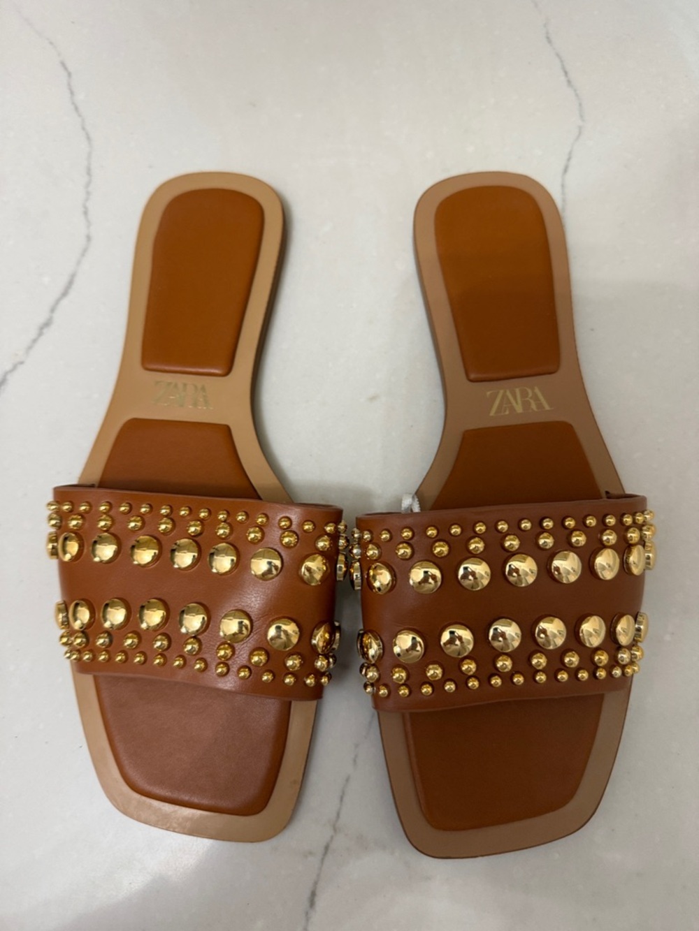 Zara Tan/Brown Leather Slide Sandals with Gold Studs